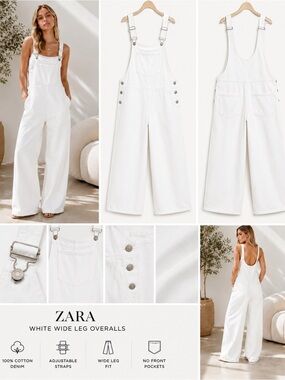 ZARA White Wide-Leg Denim Overalls